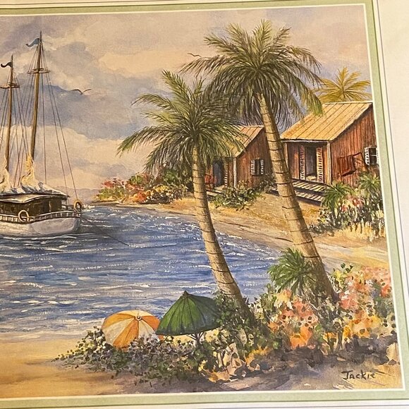 Tropical Beach Scene Litho Art Print By Jackie Sailboat VTG 1999 Scafa Art 20x16 - Picture 9 of 12